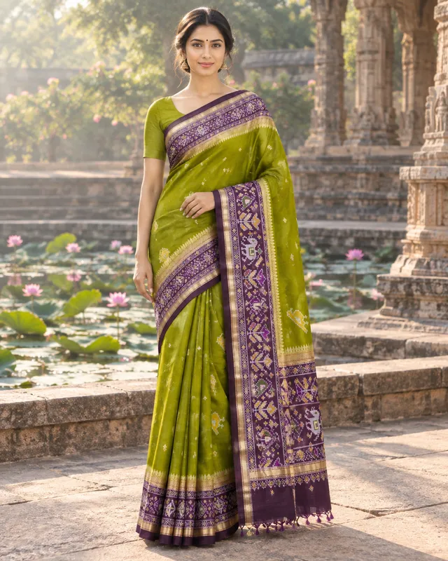 A woman in an olive green silk saree with a purple and gold patola border, standing beside a lotus pond at a stone temple